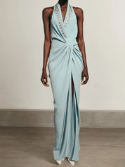Blue Halter Rhinestones Knot Front Slit Sheath Gown Maxi Dress