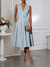 Light Blue Lace V Neck Sleeveless A-Line Midi Dress