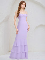 Lilac Chiffon Spaghetti Straps Sleeveless Floor Length Bridesmaid Dress With Cascading Ruffles