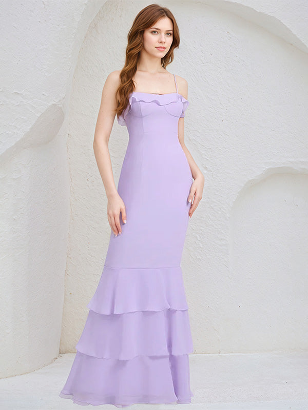 Lilac Chiffon Spaghetti Straps Sleeveless Floor Length Bridesmaid Dress With Cascading Ruffles