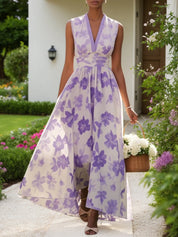 Lavender Purple Floral Chiffon V Neck Sleeveless A-Line Maxi Dress