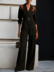 Women Black Mesh Lapel Collar Long Sleeve Dressy Jumpsuit