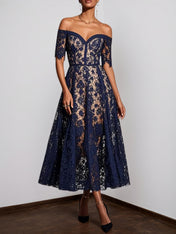 Purplish Blue Lace Off The Shoulder Short Sleeve A-Line Midi Dress