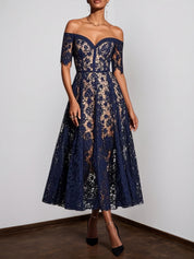 Purplish Blue Lace Off The Shoulder Short Sleeve A-Line Midi Dress