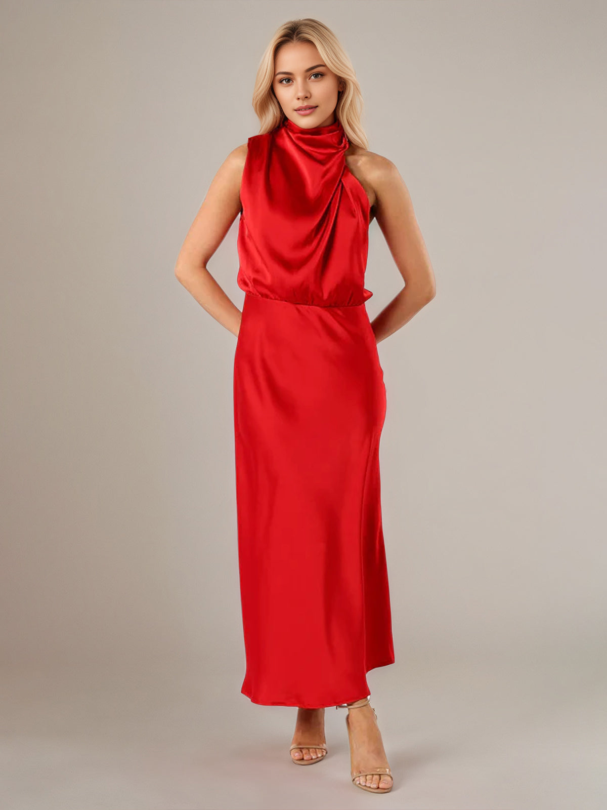 Red Satin Sheath/Column High Neck Sleeveless Ankle Length Bridesmaid Dress