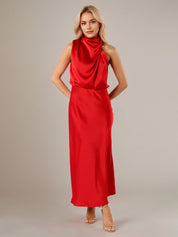 Red Satin Sheath/Column High Neck Sleeveless Ankle Length Bridesmaid Dress