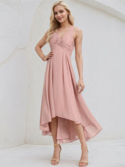 Dusty Rose Chiffon A Line V Neck Sleeveless Asymmetrical Bridesmaid Dress