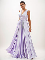 Lilac A-Line Satin Ruffles V-Neck Sleeveless Floor-Length Bridesmaid Dresses