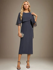 Sheath/Column Scoop Tea Length Chiffon Dress With Pleated Beading