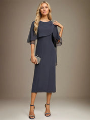 Sheath/Column Scoop Tea Length Chiffon Dress With Pleated Beading