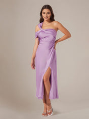 Lilac Satin Sheath/Column One Shoulder Sleeveless Ankle Length Dress
