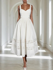 White Lace Beaded Spaghetti Sleeveless A-Line Midi Dress