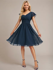 Dark Navy A-Line One Shoulder Knee-Length Chiffon Bridesmaid Dress With Ruffle