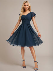 Dark Navy A-Line One Shoulder Knee-Length Chiffon Bridesmaid Dress With Ruffle