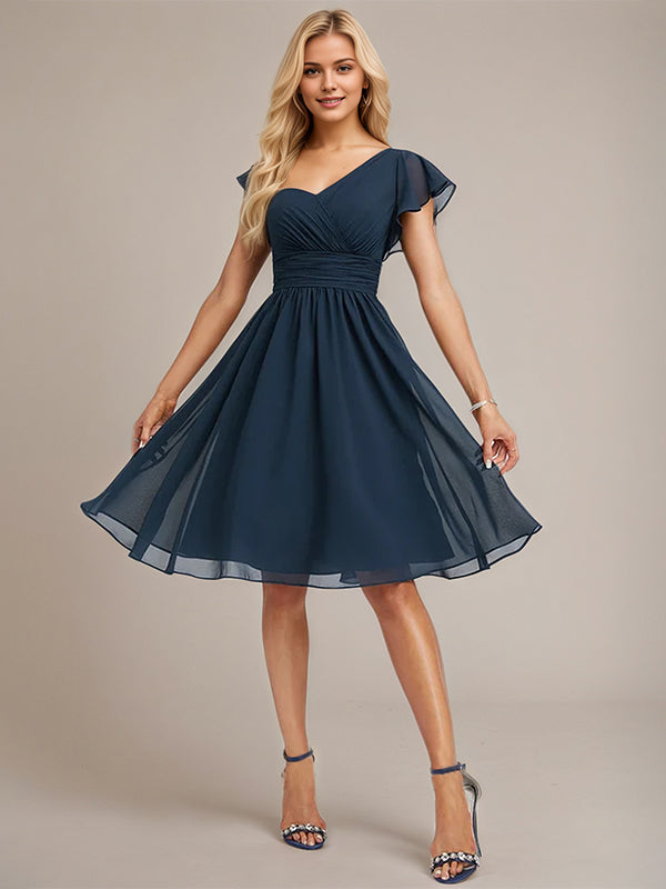Dark Navy A-Line One Shoulder Knee-Length Chiffon Bridesmaid Dress With Ruffle