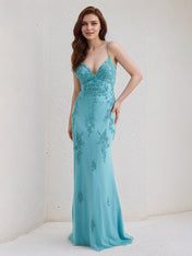 Aqua Blue Chiffon Trumpet/Mermaid Spaghetti Straps Sleeveless Floor Length Bridesmaid Dress