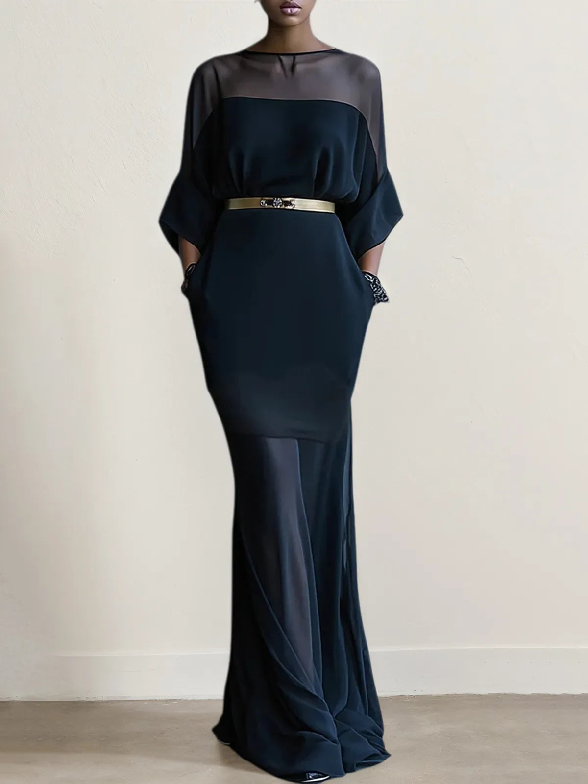 Black Split Joint Chiffon Boat Neck Half Sleeve Mermaid Maxi Dress