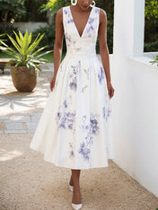 White Floral Classic V Neck Sleeveless A-Line Midi Dress