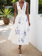 White Floral Classic V Neck Sleeveless A-Line Midi Dress
