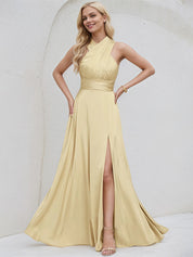 Champagne Satin A Line V Neck Short Sleeves Floor Length Bridesmaid Dress