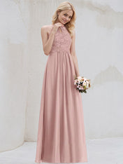 Dusty Rose A-Line Scoop Floor-Length Lace Chiffon Bridesmaid Dress