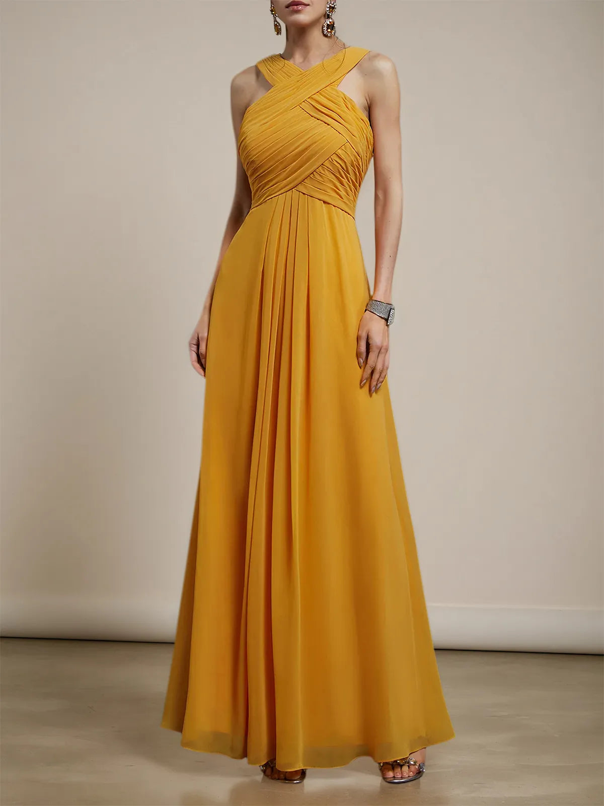 Yellow Pleated Cross Neck Sleeveless A-Line Maxi Chiffon Bridesmaid Dress