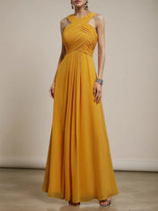 Yellow Pleated Cross Neck Sleeveless A-Line Maxi Chiffon Bridesmaid Dress