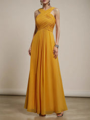 Yellow Pleated Cross Neck Sleeveless A-Line Maxi Chiffon Bridesmaid Dress