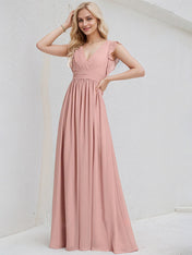 Dusty Rose Chiffon A Line V Neck Sleeveless Floor Length Bridesmaid Dress With Ruffle