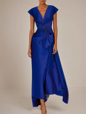 Navy Blue Satin V Neck Short Sleeveless Ankle Length Dress