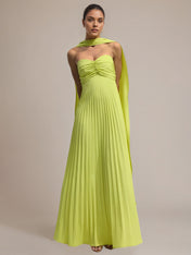 Green Chiffon A Line Off The Shoulder Sleeveless Floor Length Pleated Dress