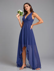 Navy Blue A-Line V-neck Asymmetrical Sleeveless Chiffon Bridesmaid Dress