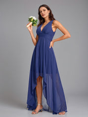 Navy Blue A-Line V-neck Asymmetrical Sleeveless Chiffon Bridesmaid Dress