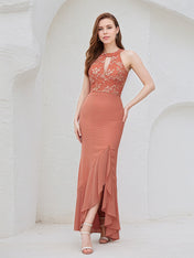 Salmon Chiffon Sheath/Column Halter Neck Sleeveless Asymmetrical Bridesmaid Dress