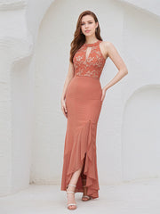 Salmon Chiffon Sheath/Column Halter Neck Sleeveless Asymmetrical Bridesmaid Dress