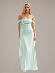 Mint Sheath/Column Satin Off The Shoulder Sleeveless Floor Length Dress