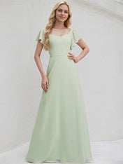Celadon Chiffon A Line V Neck Short Sleeves Floor Length Bridesmaid Dress With Ruffle