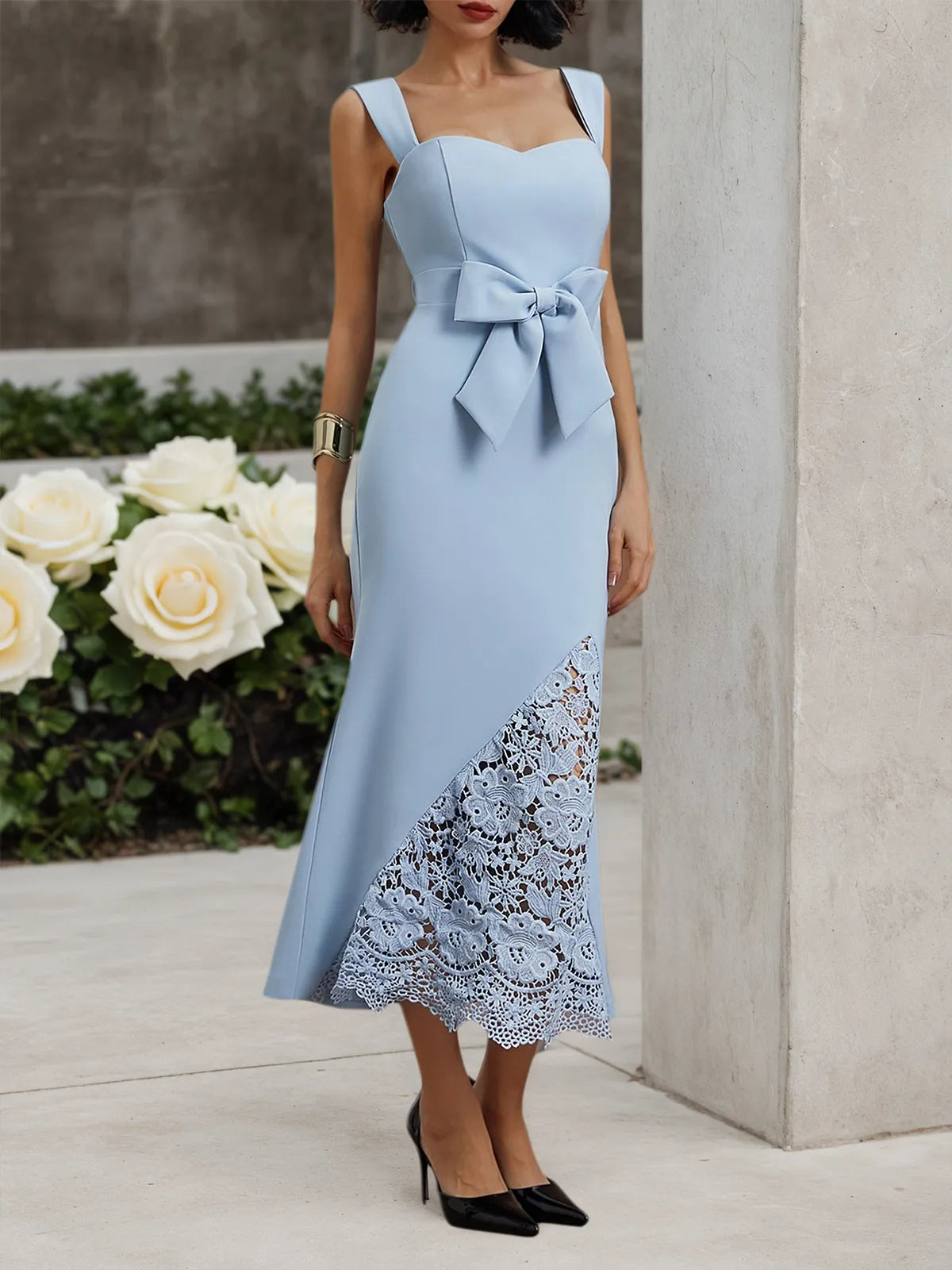 Light Blue Bow Lace Sweetheart Neckline Sleeveless Mermaid Midi Dress