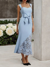 Light Blue Bow Lace Sweetheart Neckline Sleeveless Mermaid Midi Dress
