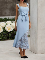 Light Blue Bow Lace Sweetheart Neckline Sleeveless Mermaid Midi Dress