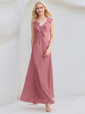 Desert Rose Chiffon A Line V Neck Sleeveless Floor Length Bridesmaid Dress With Ruffle