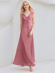 Desert Rose Chiffon A Line V Neck Sleeveless Floor Length Bridesmaid Dress With Ruffle
