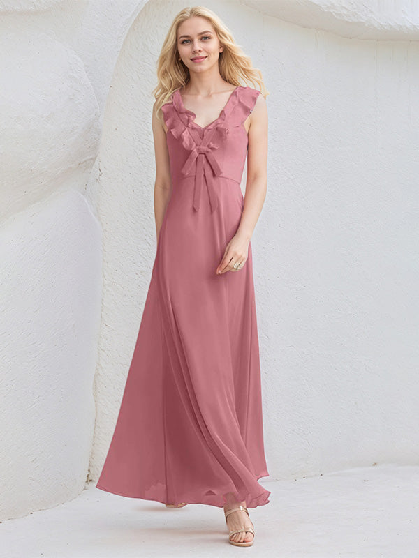 Desert Rose Chiffon A Line V Neck Sleeveless Floor Length Bridesmaid Dress With Ruffle