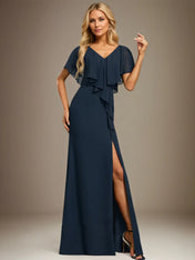 Trumpet/Mermaid V-Neck Floor-Length Chiffon Dress With Cascading Ruffles