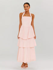 Pink Chiffon A Line Halter Neck Sleeveless Ankle Length Bridesmaid Dresses