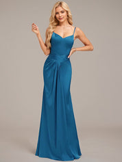 Trumpet/Mermaid Spaghetti Straps Floor-Length Satin Bridesmaid Dress With Ruffle