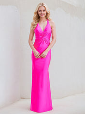 Hot Pink Satin Sheath/Column V Neck Sleeveless Floor Length Bridesmaid Dress
