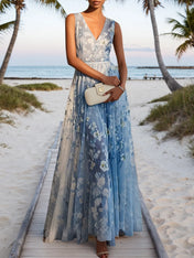 Light Blue Chiffon V Neck Sleeveless A-Line Maxi Dress