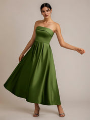 Green Satin A Line Off The Shoulder Sleeveless Ankle Length Bridesmaid Dress