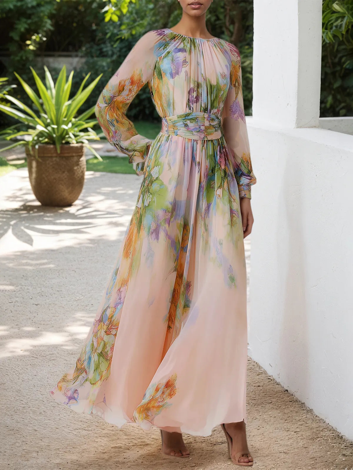 Pink Floral Ruched Chiffon Crew Neck Long Sleeve Puff Sleeve A-Line Maxi Dress